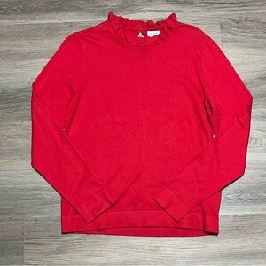 J Crew Medium Sweater Red Ruffle Neck Keyhole Solid 100% Cotton NWT AS298